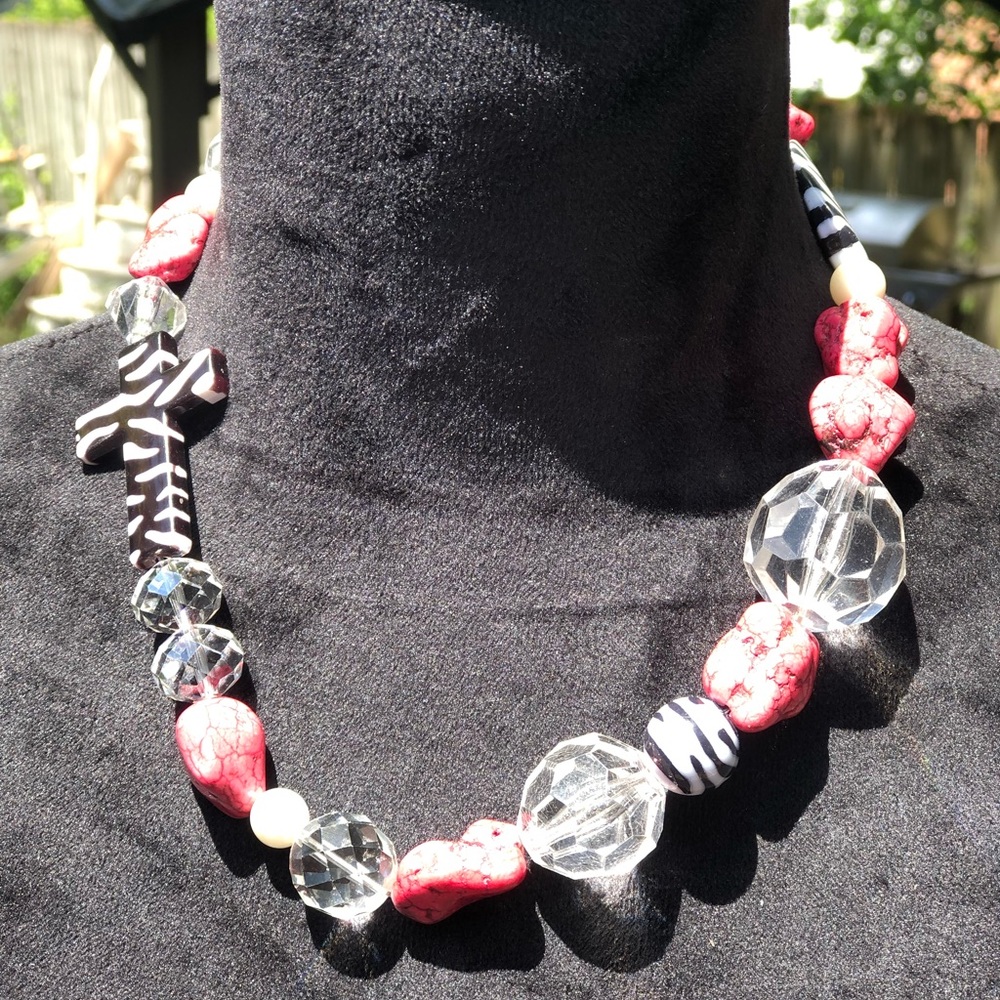 Zebra Religious Cross Bling Statement Collar Necklace - Picture 7 of 9